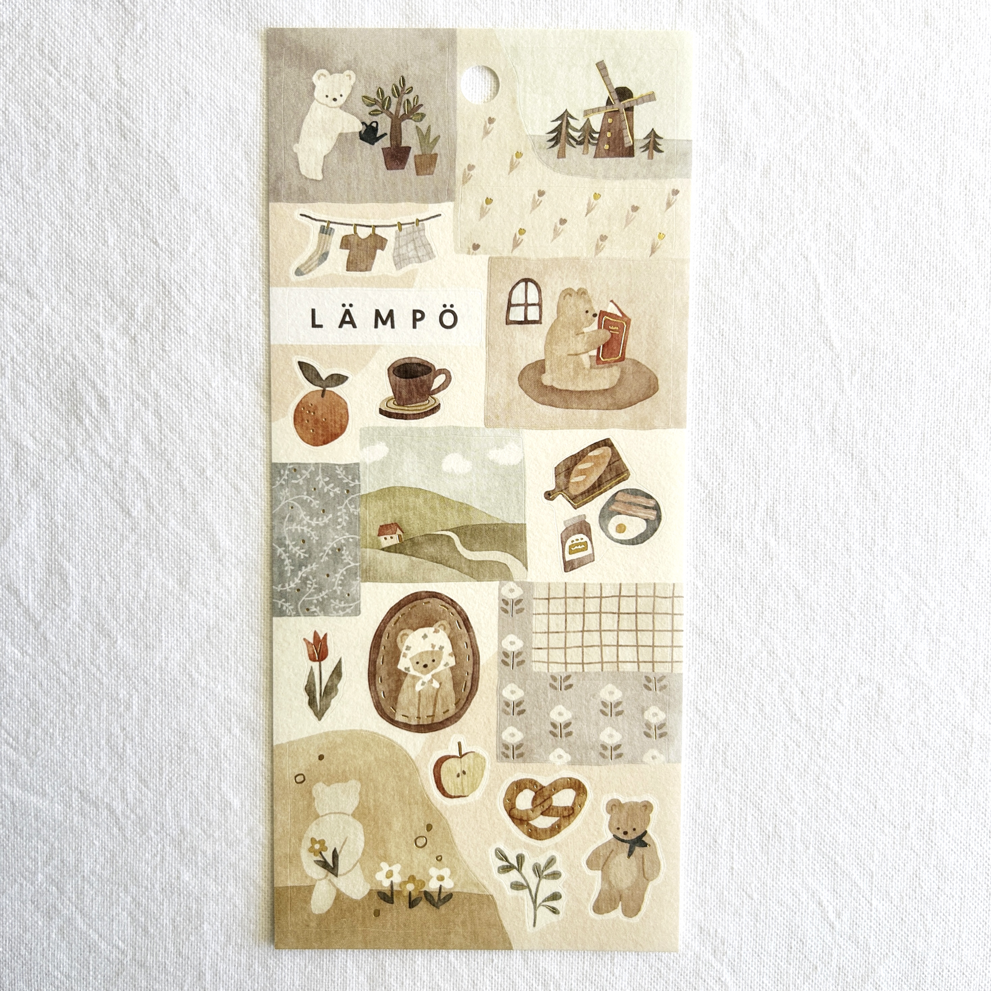 Mind Wave Lampo - Morning With Bear sticker sheet.  Ideal for adding a serene, heartwarming touch to journals, planners, and scrapbooks.