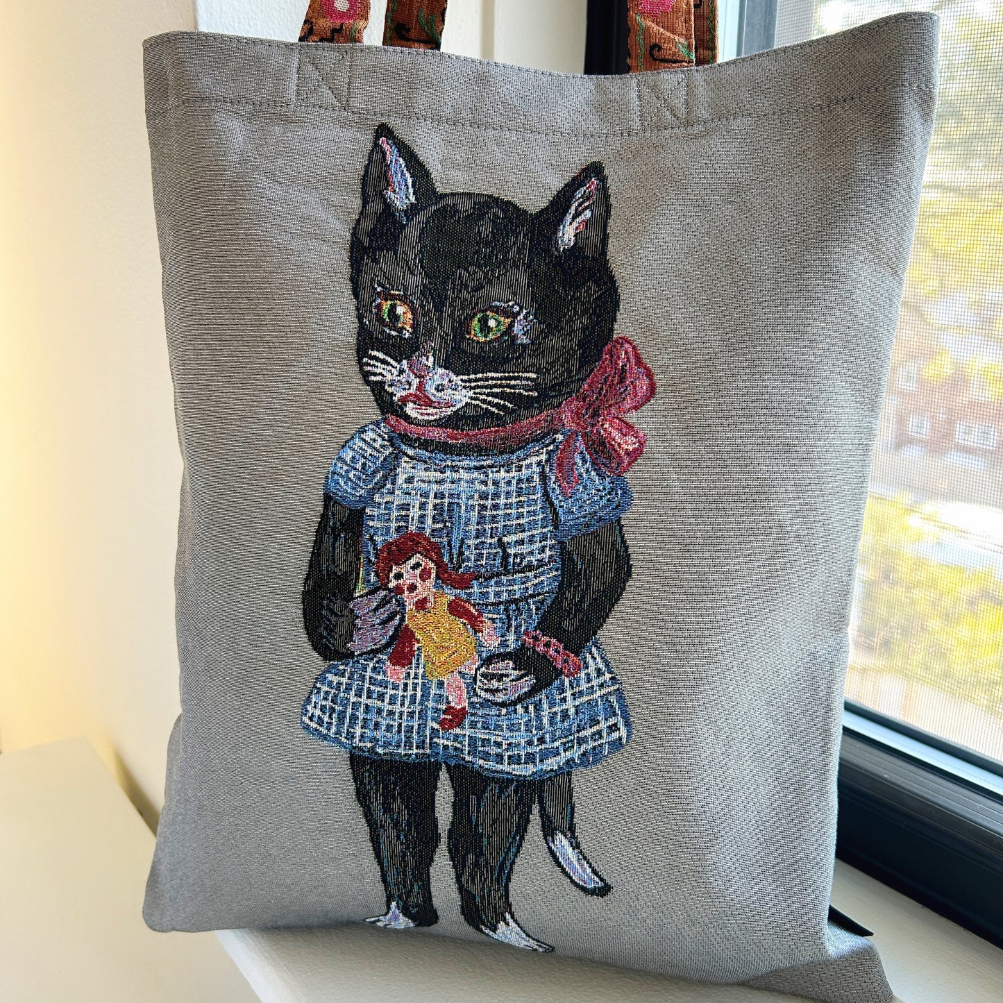 Nathalie Lété Embroidered Tote Bag - Black Cat Grey Bag