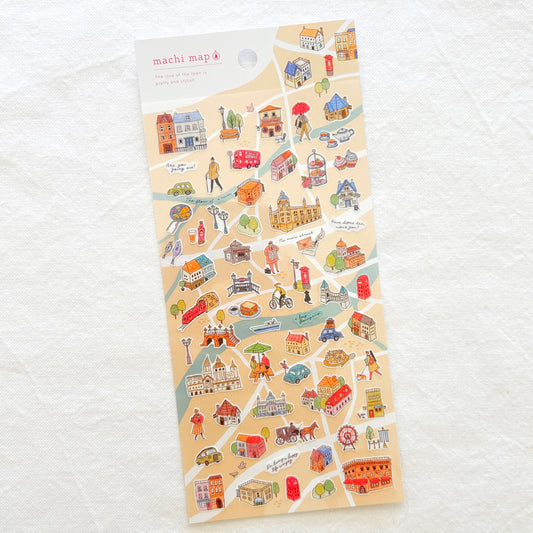 Sticker sheet with illustrations of cute kawaii buildings and people
