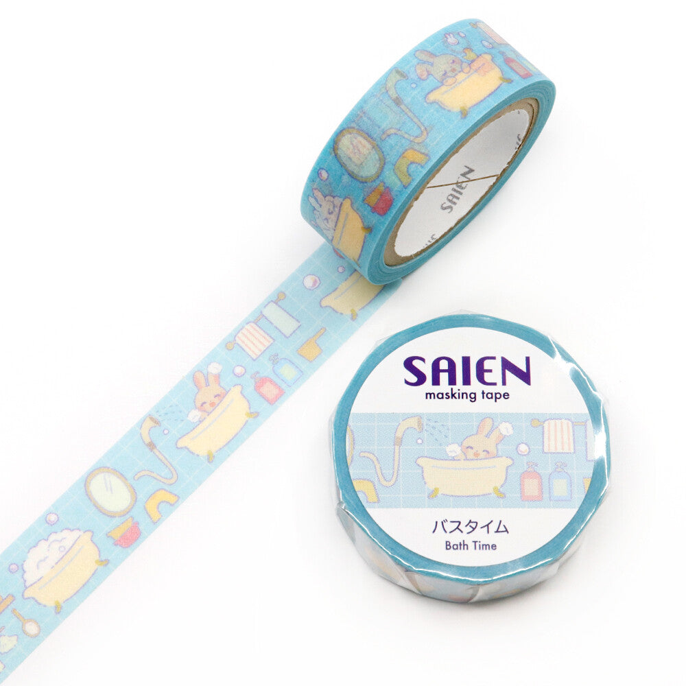 Washi tape of a bunny in a bathtub and bath items like bath towel, soaps, mirror and bath brush