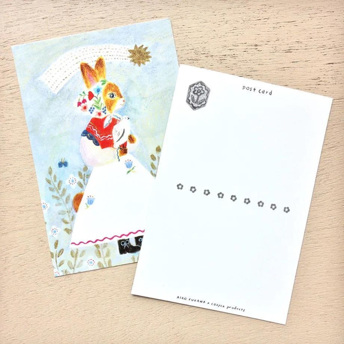 Aiko Fukawa postcard booklet titled 'Tablier,' featuring delightful illustrations of animals, flowers, and everyday scenes, Japanese stationery with a whimsical and artistic style.