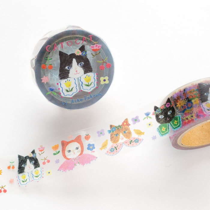 Aiko Fukawa masking tape titled 'Cat Cat,' featuring playful cat illustrations, Japanese stationery with cute, whimsical feline designs for crafting and decorating.