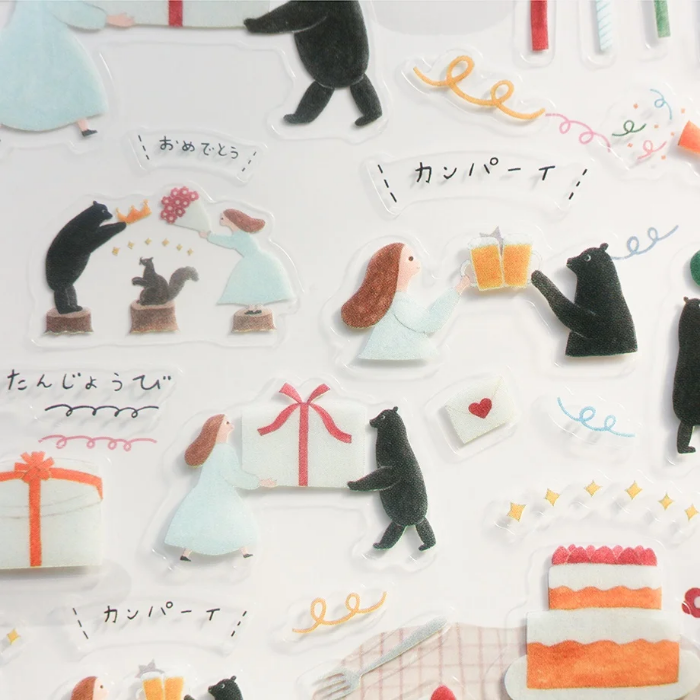 Necktie clear sticker sheet titled 'Birthday,' featuring festive birthday-themed illustrations with cakes, balloons, and party decorations, Japanese stationery perfect for decorating gifts, planners, and scrapbooks.