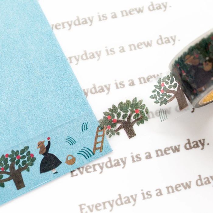 Necktie masking tape titled 'Apple Field,' featuring charming illustrations of apples and fields, Japanese stationery perfect for decorating planners, journals, and crafts with a cozy, nature-inspired theme.