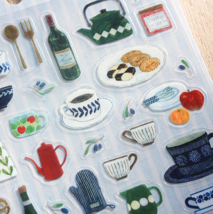 Midori Asano clear sticker sheet titled 'Kitchen,' featuring cute illustrations of kitchen items like utensils, cookware, and ingredients, Japanese stationery perfect for decorating planners, recipe books, and journals.