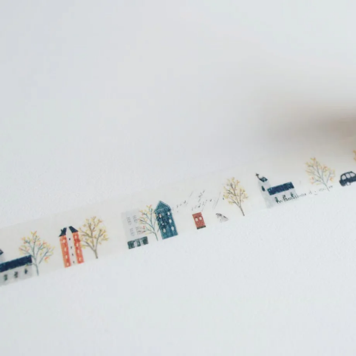 YOHAKU washi tape titled 'Solo Travel' (Y-137), featuring whimsical illustrations of travel scenes in vibrant colors, Japanese stationery ideal for adding a fun, adventurous touch to planners, journals, and crafts.