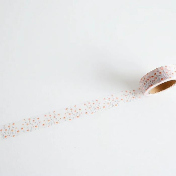 YOHAKU washi tape titled 'Gentle Wind' (Y-122) featuring delicate orange floral designs, ideal for adding a soft, botanical touch to journaling, scrapbooking, and creative projects.