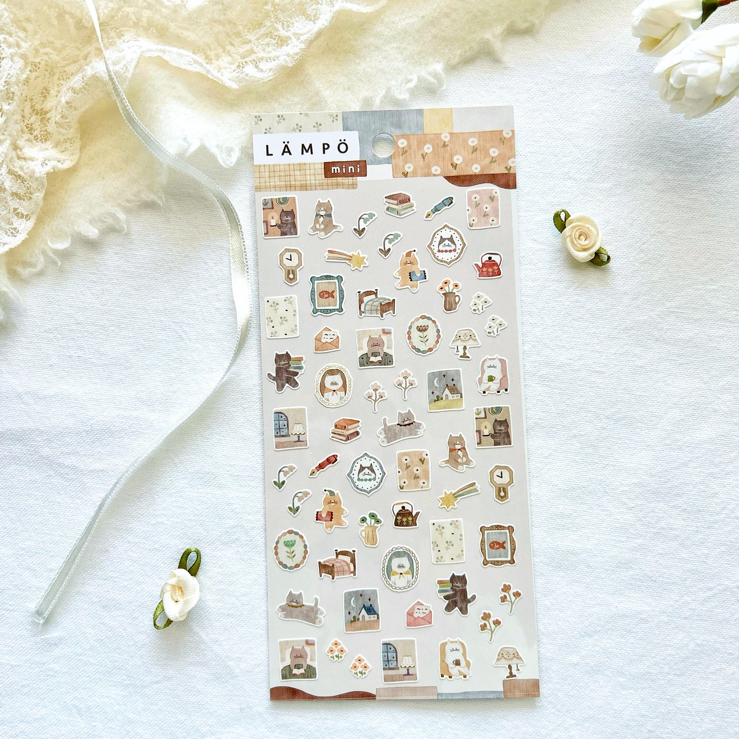Sheet of decorative stickers with various designs of cute kawaii cats
