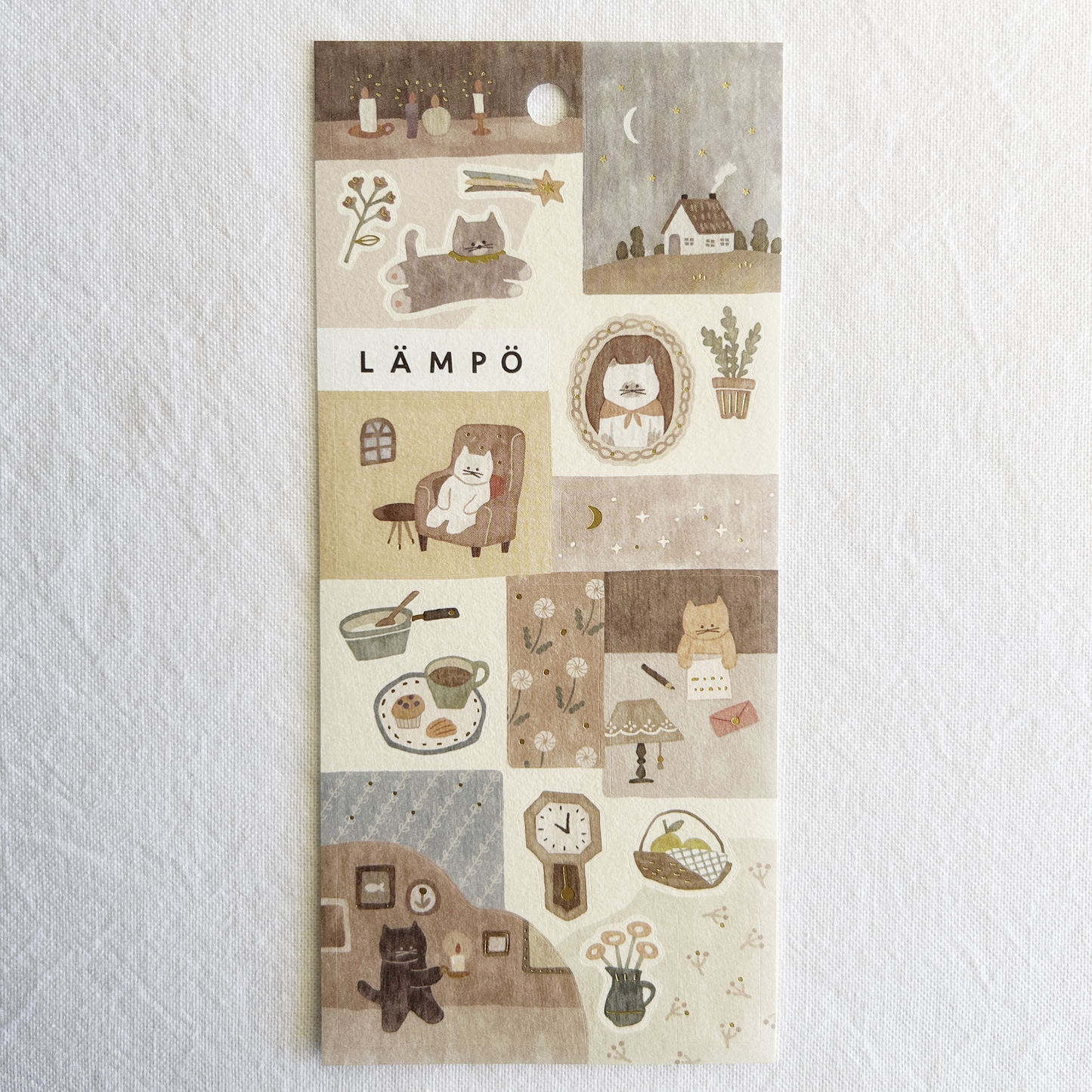 Mind Wave Lampo - Cat and Night sticker sheet. Ideal for decorating journals, planners, scrapbooks, and letters, these stickers add a touch of nighttime charm and feline enchantment to any project.