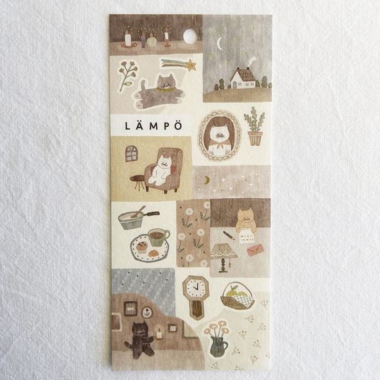 Mind Wave Lampo - Cat and Night sticker sheet. Ideal for decorating journals, planners, scrapbooks, and letters, these stickers add a touch of nighttime charm and feline enchantment to any project.