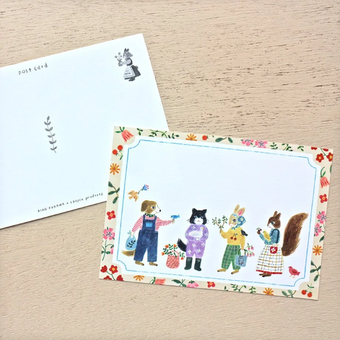 Aiko Fukawa postcard booklet titled 'Little Fluffy Friends,' featuring charming, whimsical illustrations of cute animals, Japanese stationery with adorable, collectible designs.