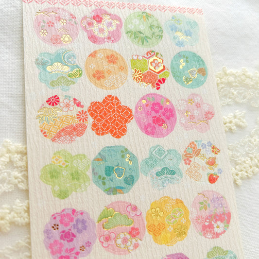 Sheet of colorful japanese floral and geometric stickers