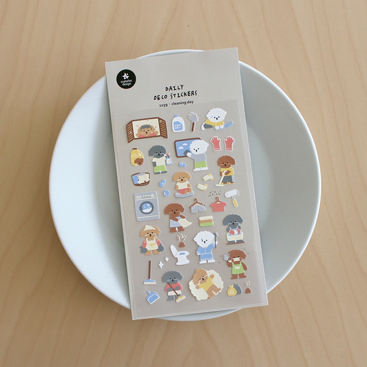 A sticker sheet of cute cartoon dogs doing cleaning chores.