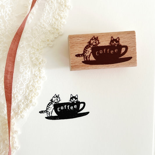 Pottering Cat Rubber Stamp - Coffee Cup