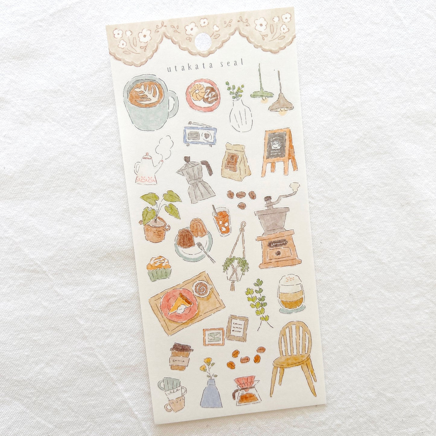 Sheet of decorative stickers with watercolor coffee themed illustrations