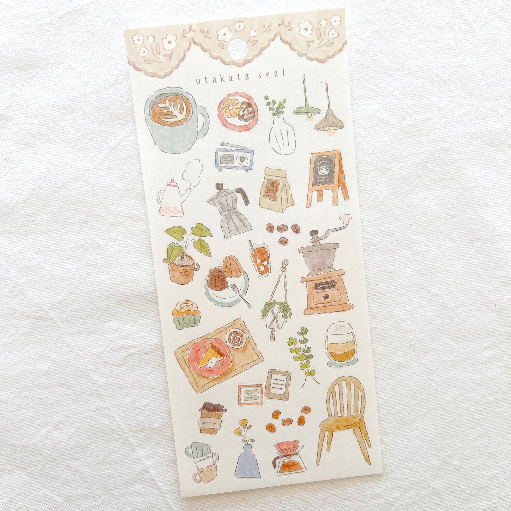 Sheet of decorative stickers with watercolor coffee themed illustrations