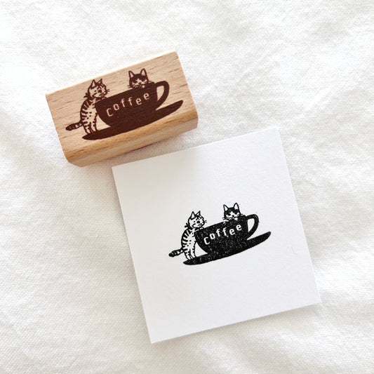 Wooden stamp of two cats and a coffee cup
