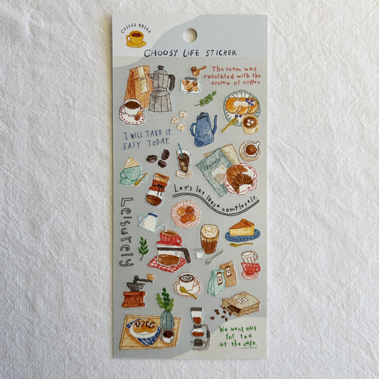 Mind Wave Choosy Life - Coffee Break sticker sheet. These stickers add a warm, laid-back vibe to any planner, journal, or scrapbook.