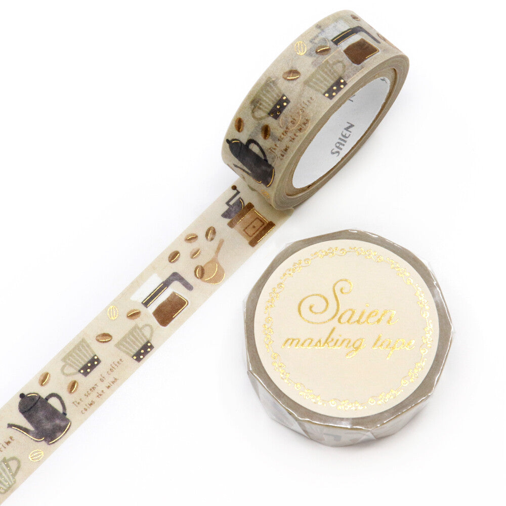 Coffee themed washi tape with illustrations of coffee beans, coffee pot, coffe mug, measuring spoon, coffee grinder.