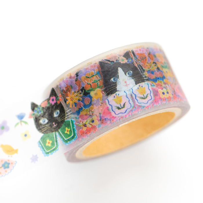 Aiko Fukawa masking tape titled 'Cat Cat,' featuring playful cat illustrations, Japanese stationery with cute, whimsical feline designs for crafting and decorating.