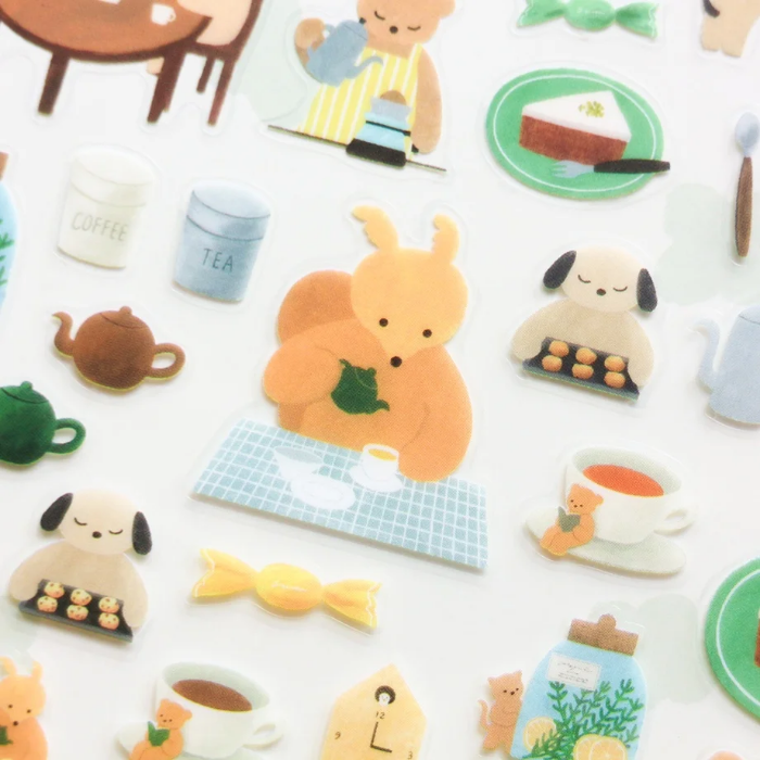 Mariko Fukuoka clear sticker sheet titled 'Tea Time,' featuring charming tea-themed illustrations with teacups, desserts, and cozy elements, Japanese stationery ideal for decorating planners, journals, and scrapbooks.