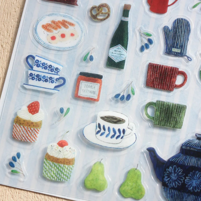 Midori Asano clear sticker sheet titled 'Kitchen,' featuring cute illustrations of kitchen items like utensils, cookware, and ingredients, Japanese stationery perfect for decorating planners, recipe books, and journals.