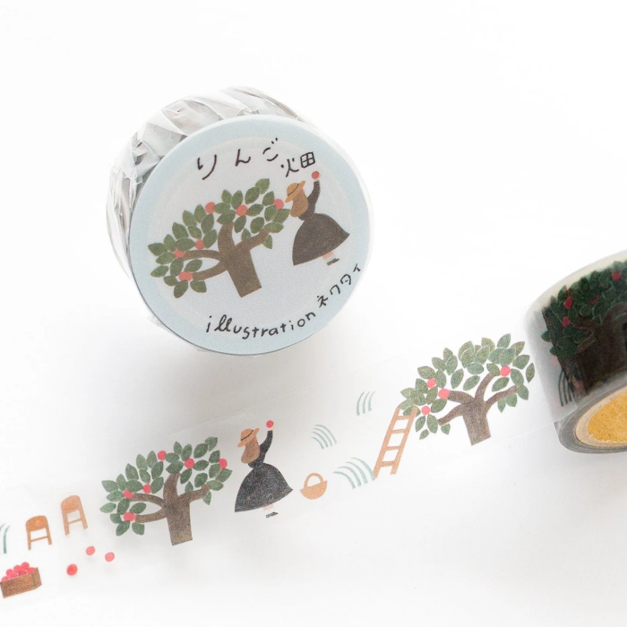 Necktie masking tape titled 'Apple Field,' featuring charming illustrations of apples and fields, Japanese stationery perfect for decorating planners, journals, and crafts with a cozy, nature-inspired theme.