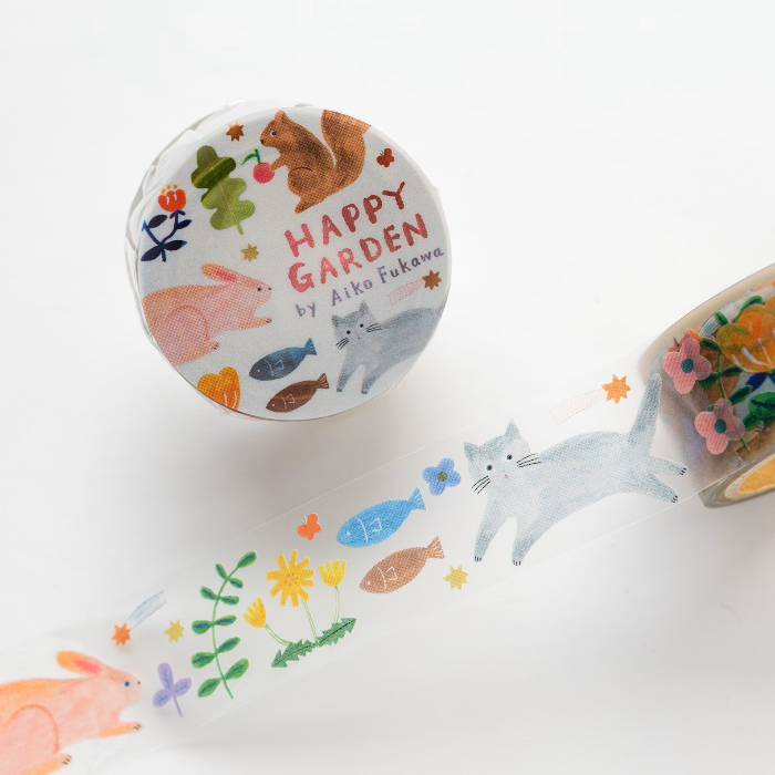 Aiko Fukawa masking tape titled 'Happy Garden,' featuring colorful illustrations of flowers, plants, and animals, Japanese stationery with a cheerful, nature-inspired design for crafts and decoration.