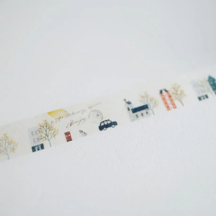 YOHAKU washi tape titled 'Solo Travel' (Y-137), featuring whimsical illustrations of travel scenes in vibrant colors, Japanese stationery ideal for adding a fun, adventurous touch to planners, journals, and crafts.