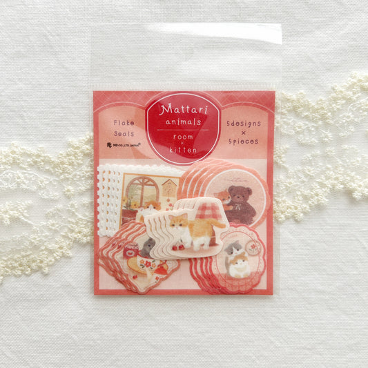 Flake stickers feature designs of adorable kittens leisurely playing with a stuffed bear, in a tea cup, with her kitten friend, and simply waving hello.