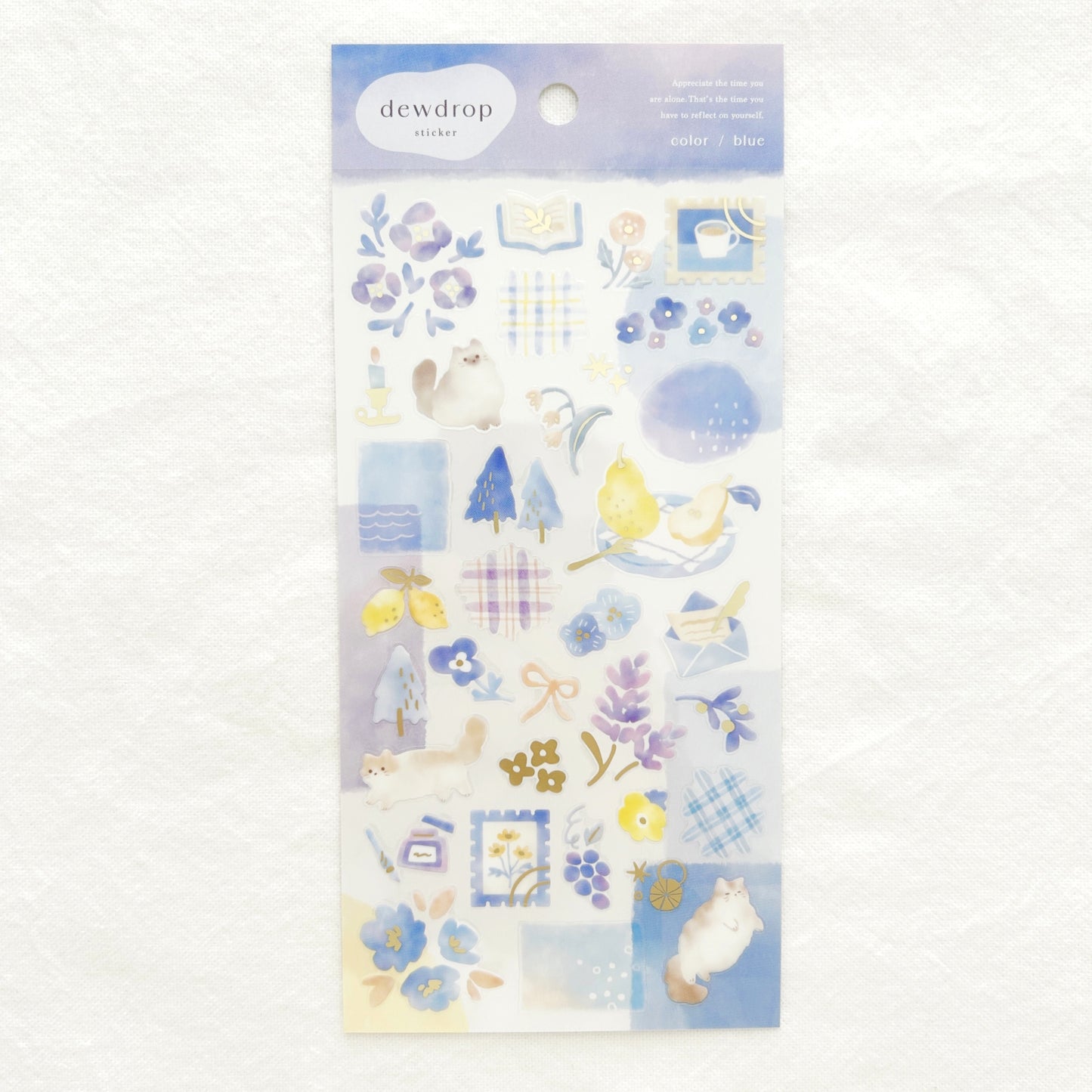 Packaged sticker sheet with various blue hues illustrations on a white background