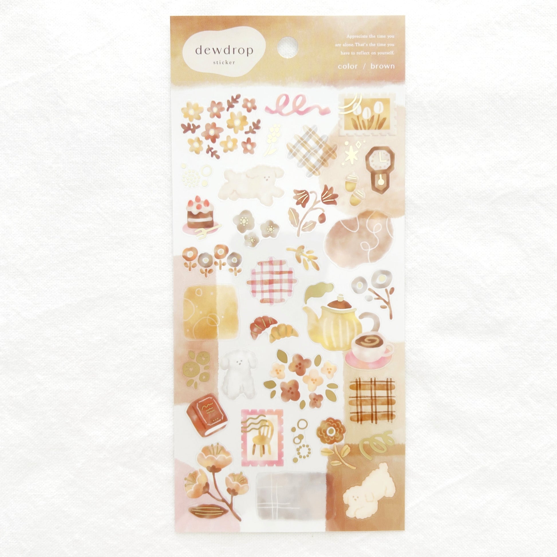 Brown themed sticker sheet with dog, flowers and various illustrations