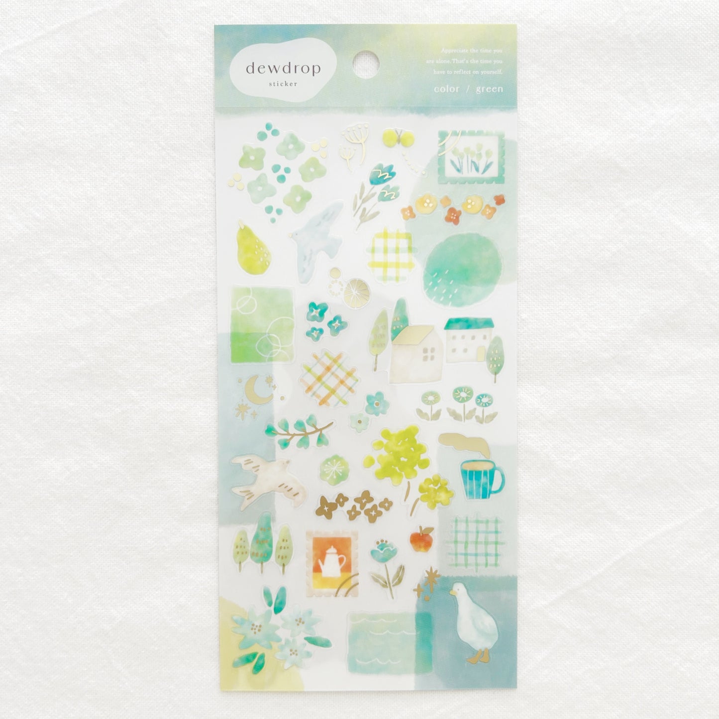 Green themed sticker sheet with bird, flowers and various illustrations