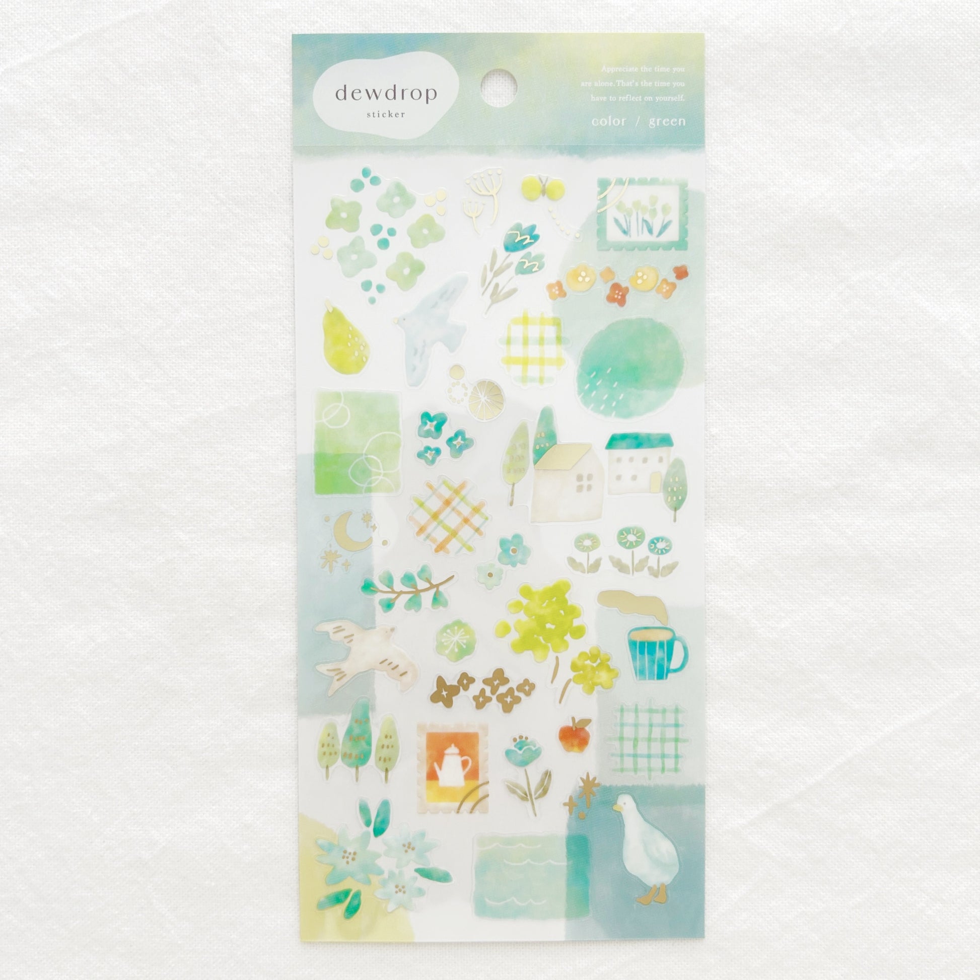 Green themed sticker sheet with bird, flowers and various illustrations