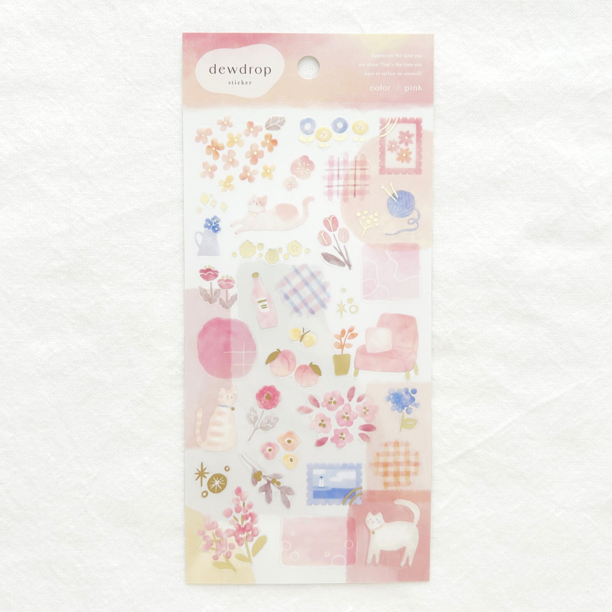 Pink themed sticker sheet with cat, flowers and various illustrations