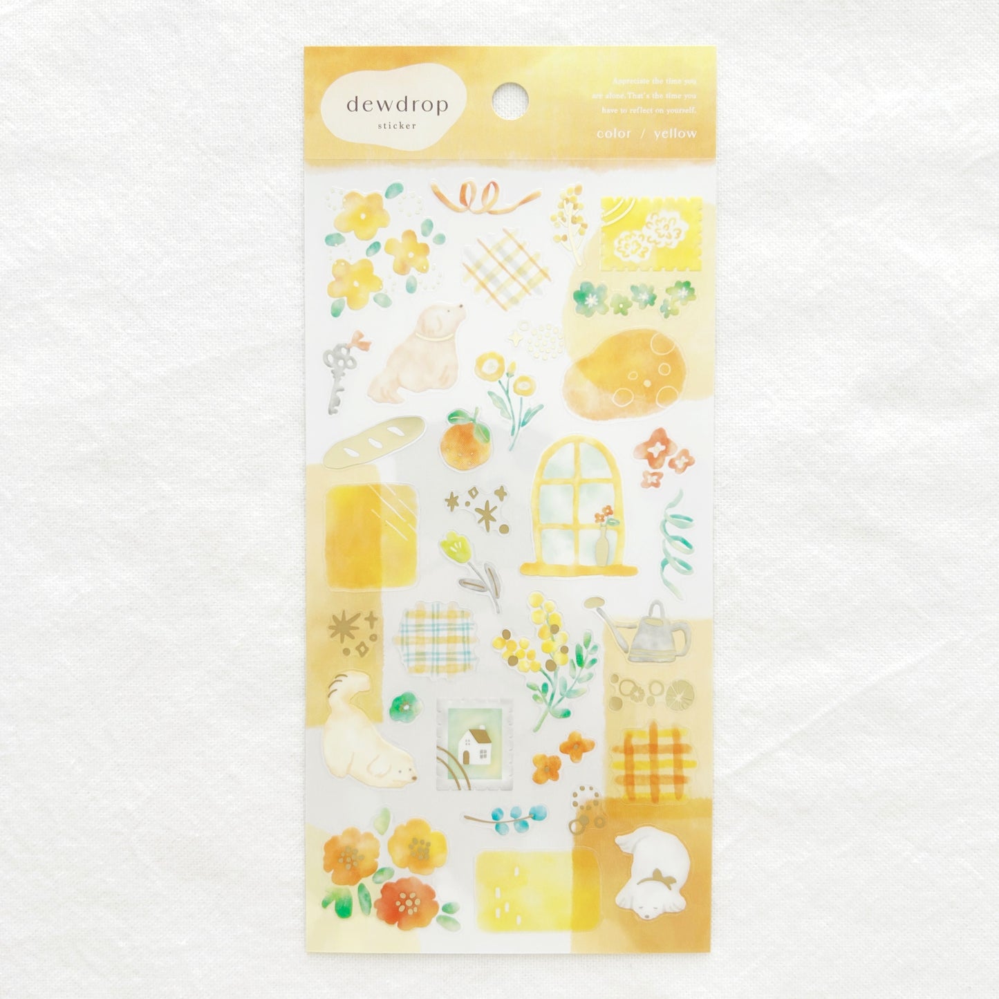 Yellow theme sticker sheet of dogs, flowers and various illustrations