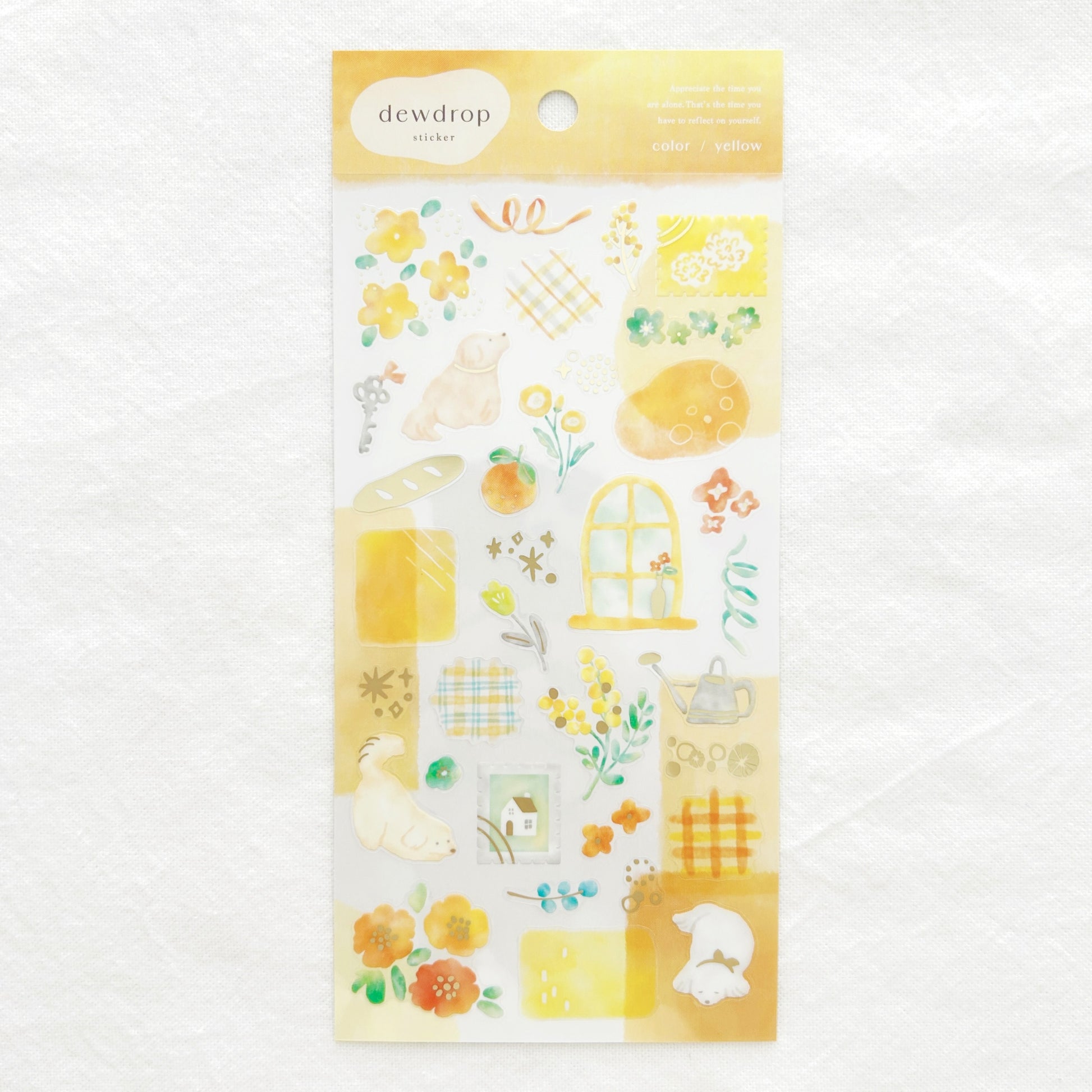 Yellow theme sticker sheet of dogs, flowers and various illustrations