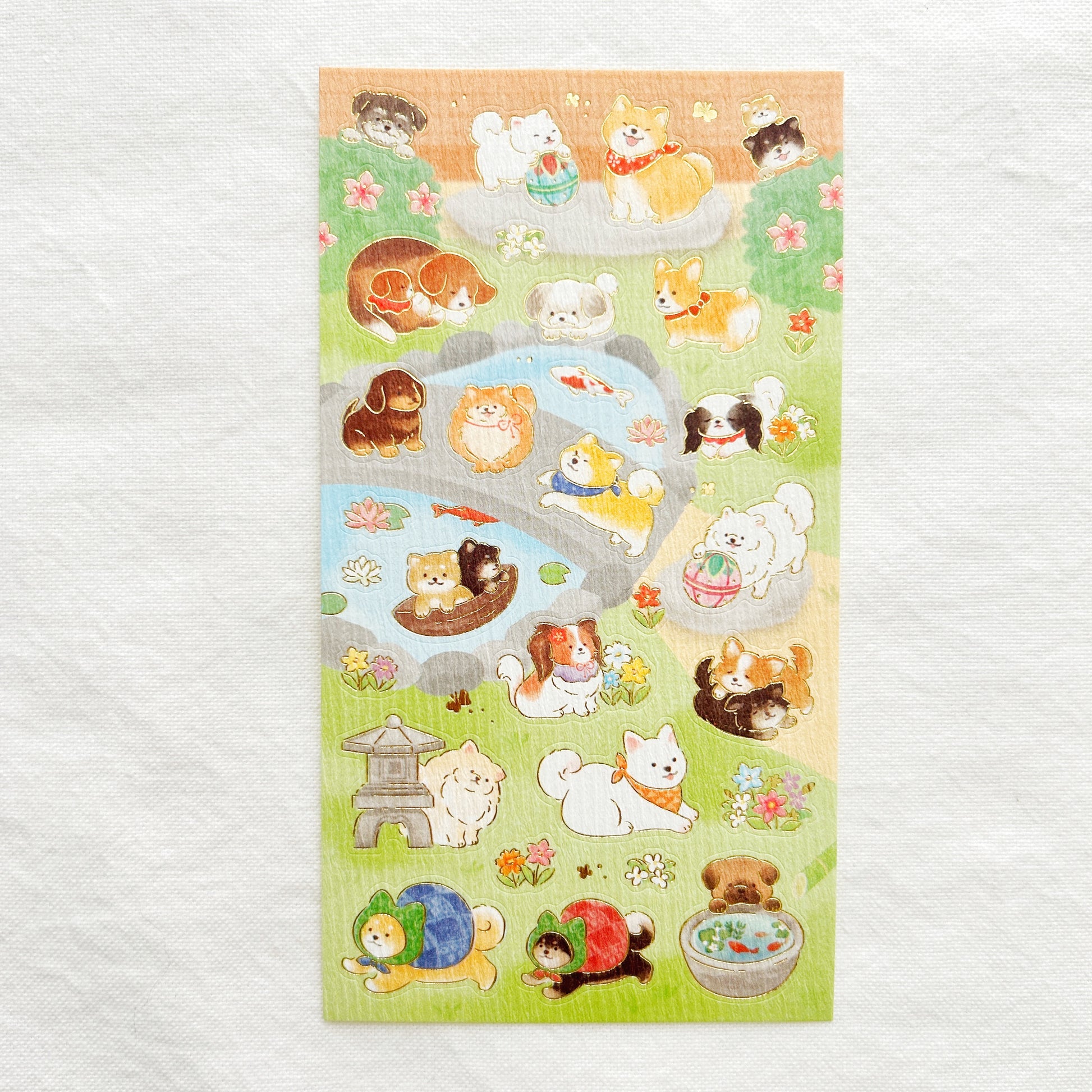 Stickers of dogs in a japanese garden