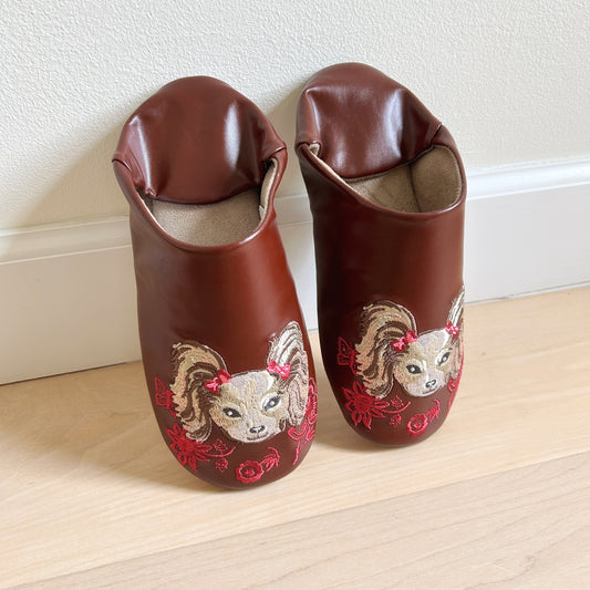 Nathalie Lété Embroidered Slipper - Chocolate Brown Dog