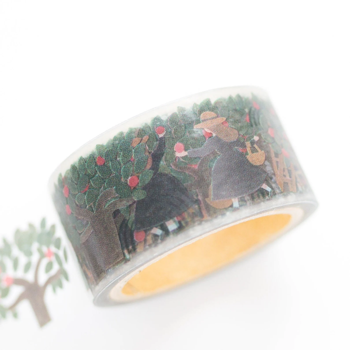 Necktie masking tape titled 'Apple Field,' featuring charming illustrations of apples and fields, Japanese stationery perfect for decorating planners, journals, and crafts with a cozy, nature-inspired theme.