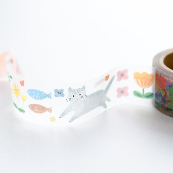 Aiko Fukawa masking tape titled 'Happy Garden,' featuring colorful illustrations of flowers, plants, and animals, Japanese stationery with a cheerful, nature-inspired design for crafts and decoration.