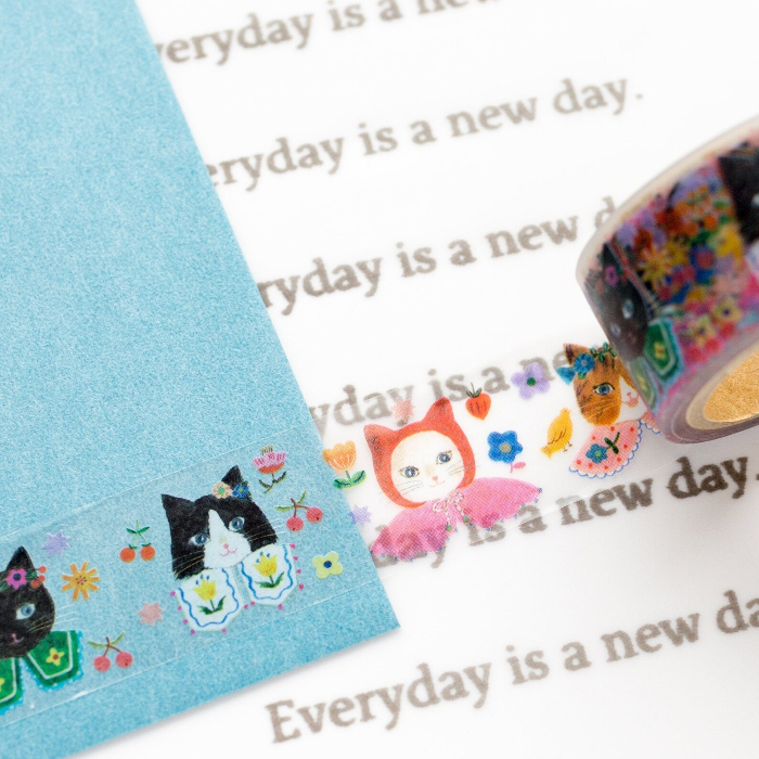 Aiko Fukawa masking tape titled 'Cat Cat,' featuring playful cat illustrations, Japanese stationery with cute, whimsical feline designs for crafting and decorating.