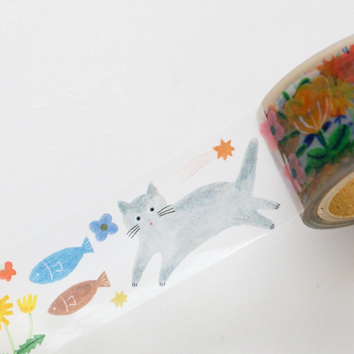 Aiko Fukawa masking tape titled 'Happy Garden,' featuring colorful illustrations of flowers, plants, and animals, Japanese stationery with a cheerful, nature-inspired design for crafts and decoration.