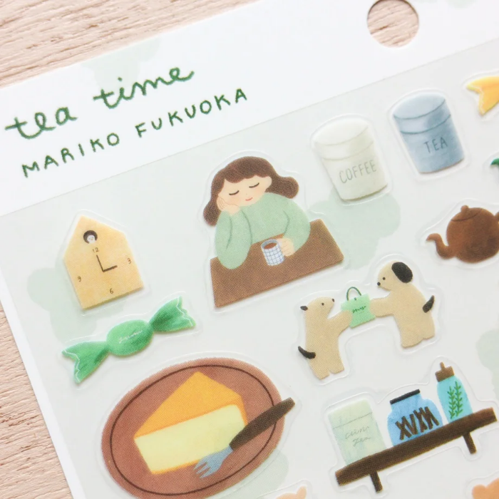 Mariko Fukuoka clear sticker sheet titled 'Tea Time,' featuring charming tea-themed illustrations with teacups, desserts, and cozy elements, Japanese stationery ideal for decorating planners, journals, and scrapbooks.