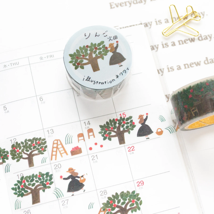 Necktie masking tape titled 'Apple Field,' featuring charming illustrations of apples and fields, Japanese stationery perfect for decorating planners, journals, and crafts with a cozy, nature-inspired theme.