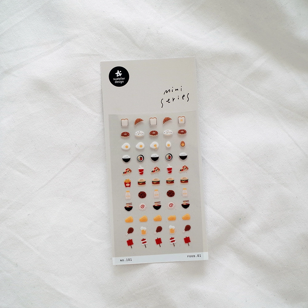 A sticker sheet of miniature food items.