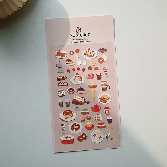 Sticker sheet of food-themed illustrations by Suatelier.