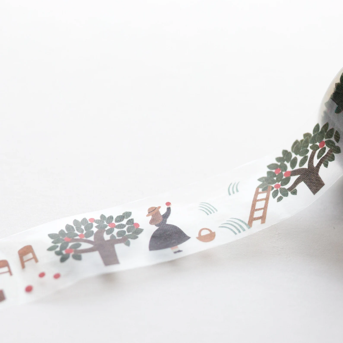 Necktie masking tape titled 'Apple Field,' featuring charming illustrations of apples and fields, Japanese stationery perfect for decorating planners, journals, and crafts with a cozy, nature-inspired theme.