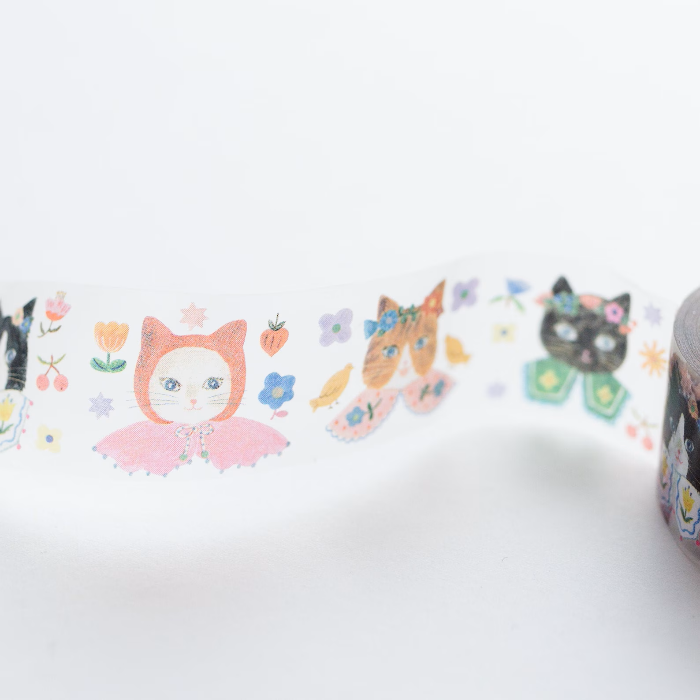 Aiko Fukawa masking tape titled 'Cat Cat,' featuring playful cat illustrations, Japanese stationery with cute, whimsical feline designs for crafting and decorating.