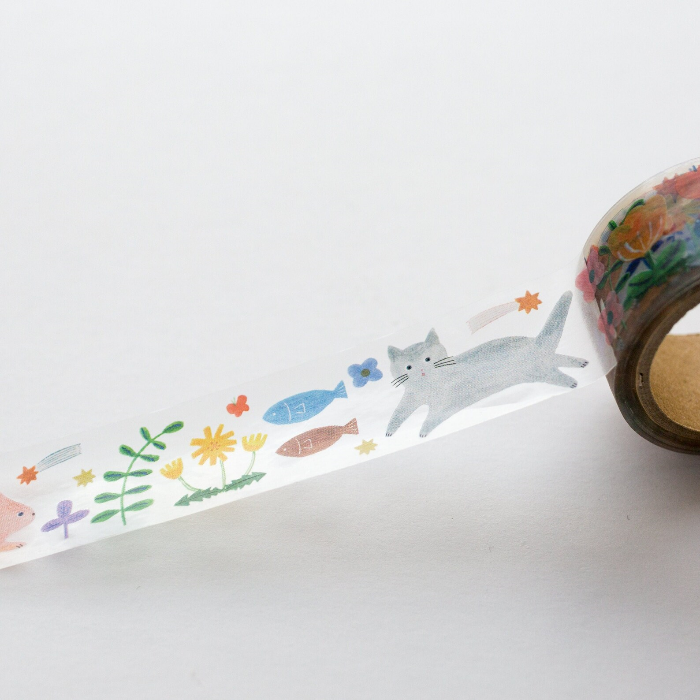 Aiko Fukawa masking tape titled 'Happy Garden,' featuring colorful illustrations of flowers, plants, and animals, Japanese stationery with a cheerful, nature-inspired design for crafts and decoration.